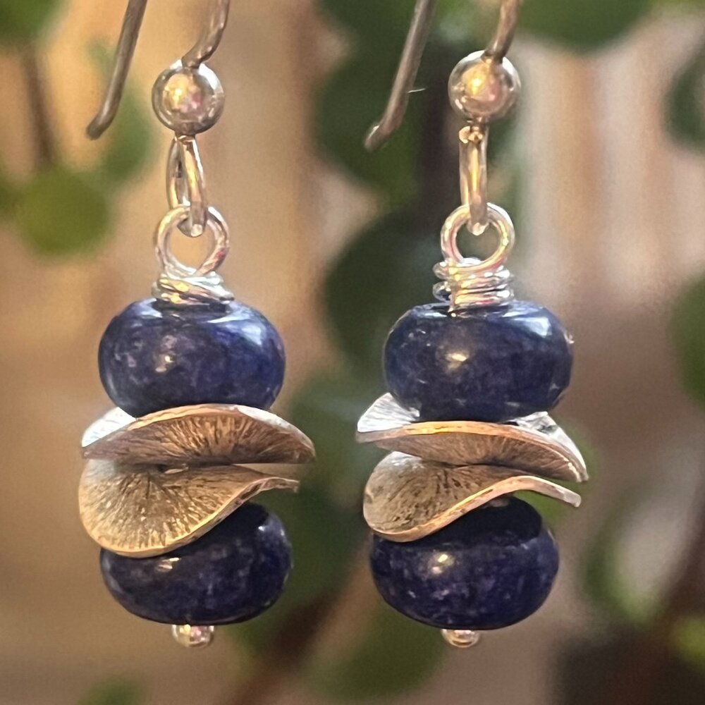Lapis Lazuli Dangle Earrings Blue Gemstone Sterling Silver Accents
